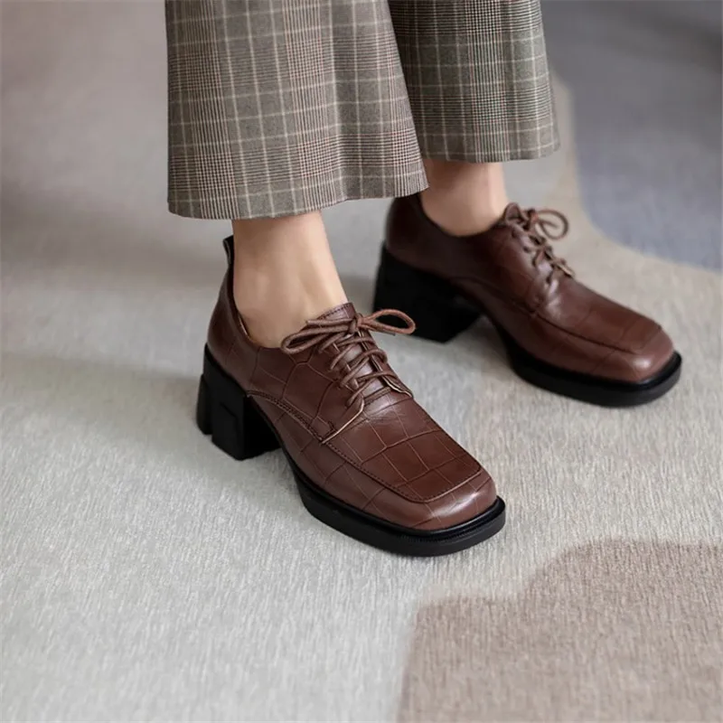 New Spring/Autumn Women Pumps Square Toe Lace-Up Chunky Heel Women Shoes Solid Platform Soft Leather Puls Size 42 Famele Shoes