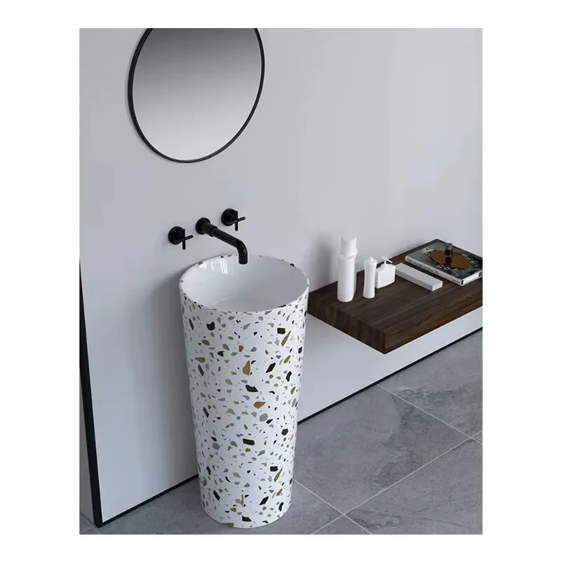 

Ceramic Terrazzo Pedestal Sink Bathroom Washing Basins Free Standing Bowl Manufacturer Creative Vanity Sink