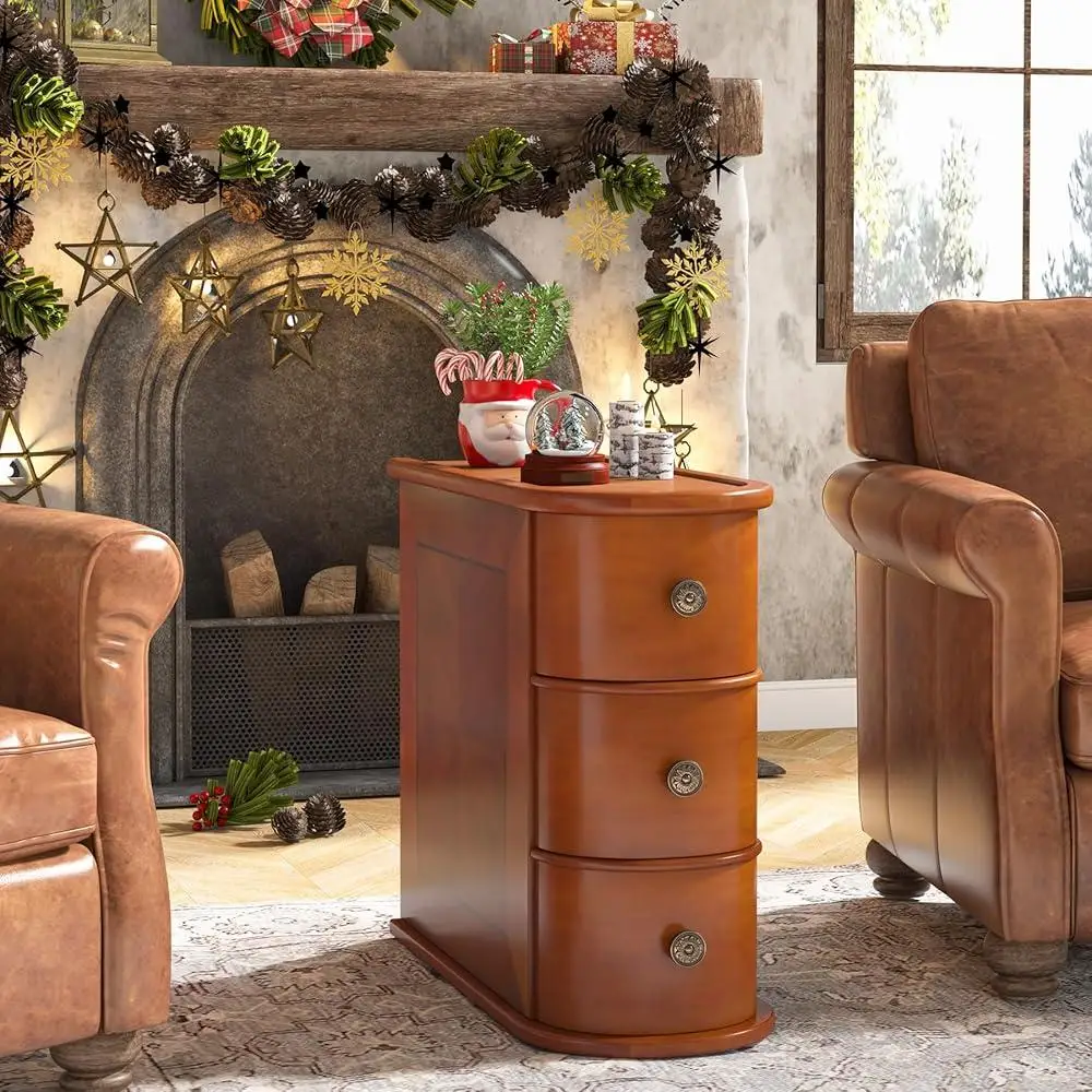 Conjunto de mesa final de madeira estreita de 2 com 3 gavetas Mesas laterais totalmente montadas Decoração de quarto de sala de estar