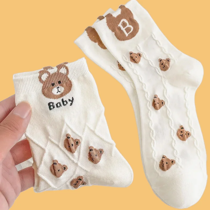 

5 Pairs 2024 New Cute Mid-calf Socks Bear Embroidered Socks Autumn and Winter Breathable and Deodorant Student Women's Stockings