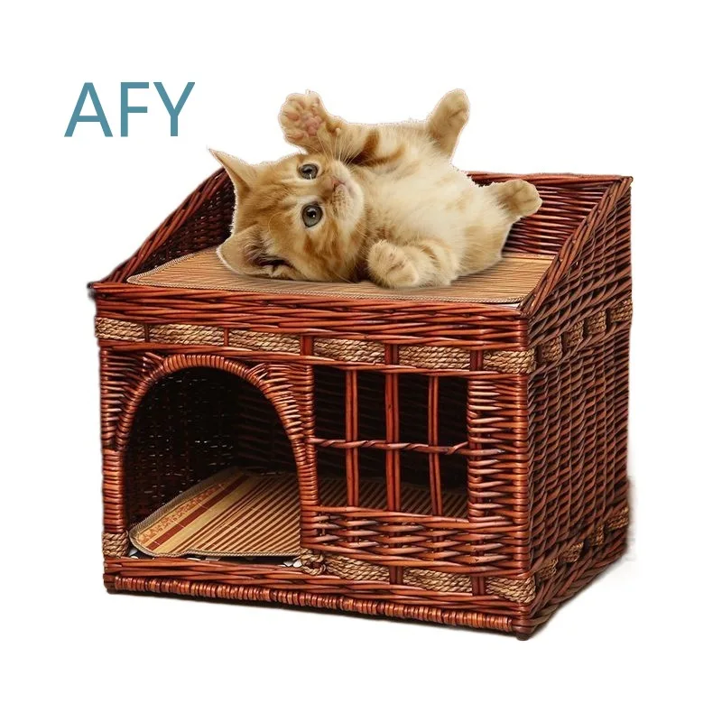Cat Nest for All Seasons Summer Cool Rattan Cat Bed Cat House Cage Villa Double Floor Pet Bed for Cats Small Animals Indoor