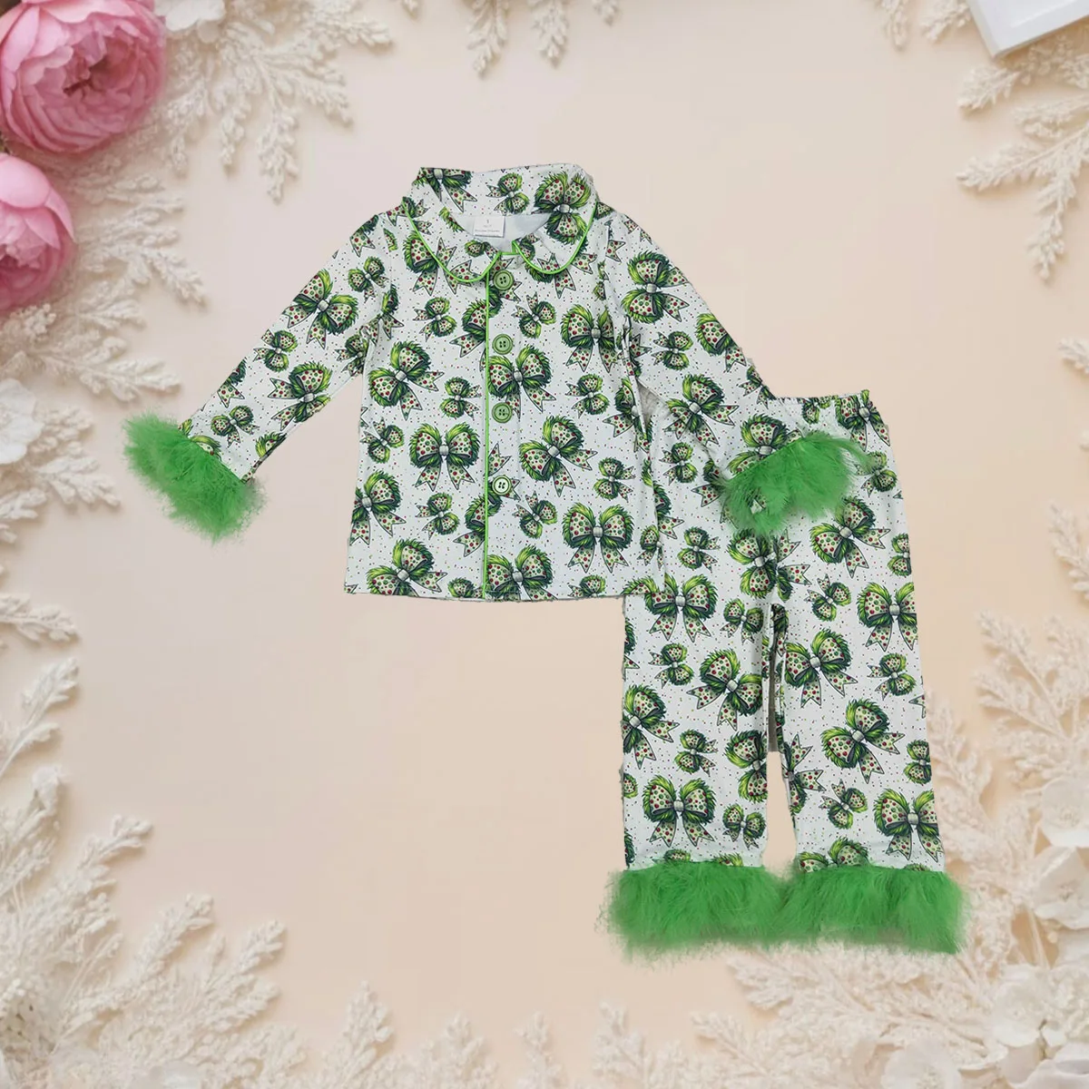 

Christmas Pajamas Set for Girls Green Fur Sleeves Plaid Button Up Top Pant Bows Sleepwear Cardigan Baby Toddler Kids Xmas PJs