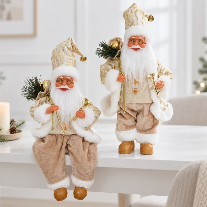 1Pcs 30cm Santa Claus decorative ornament, gold back gift bag sitting/standing Christmas ornament, cabinet decorative ornament