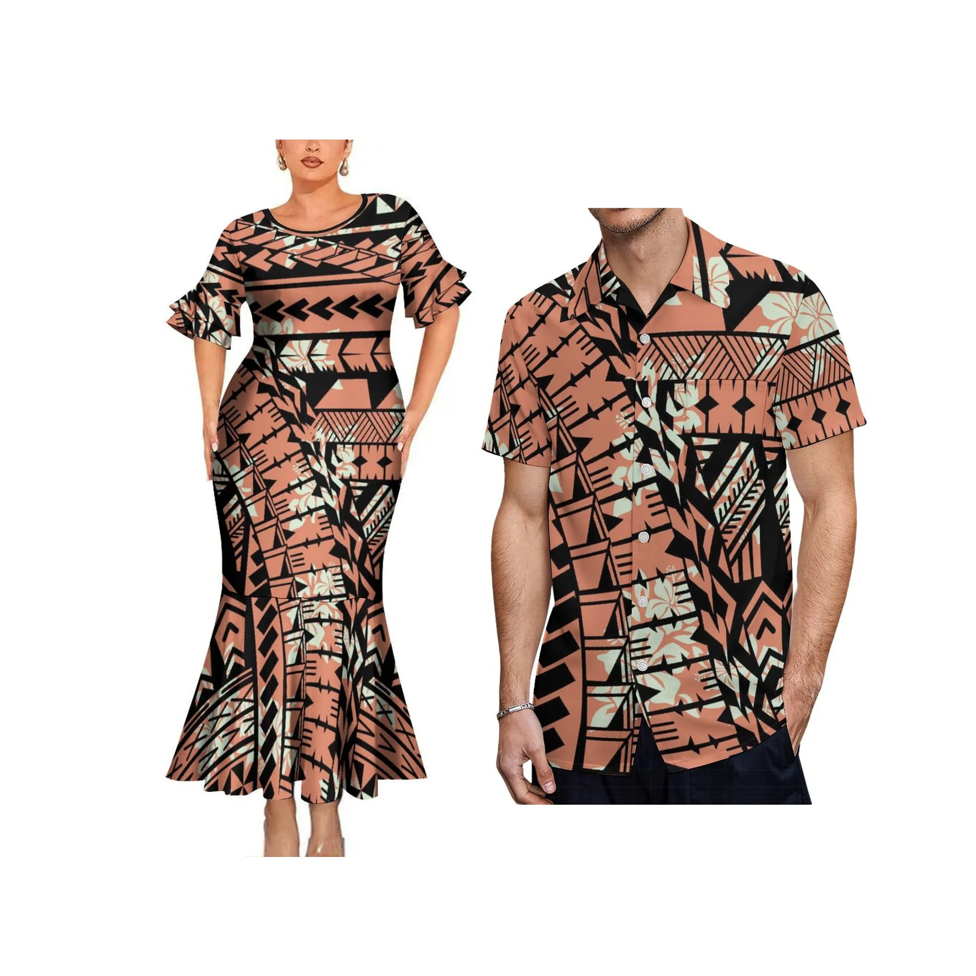 

New Layered Ruffle Sleeve Design Ladies Fishtail Dress Match Big Size Men Shirts Custom Polynesian Tribal Couple Clothing