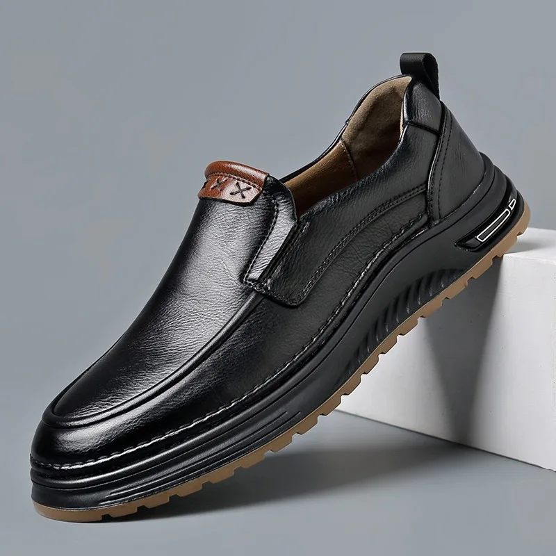 

Новые мужские комфортные лоферы из натуральной кожи, мягкие повседневные туфли без шнурков с дышащей подкладкой и нескользящей резиновой подошвой