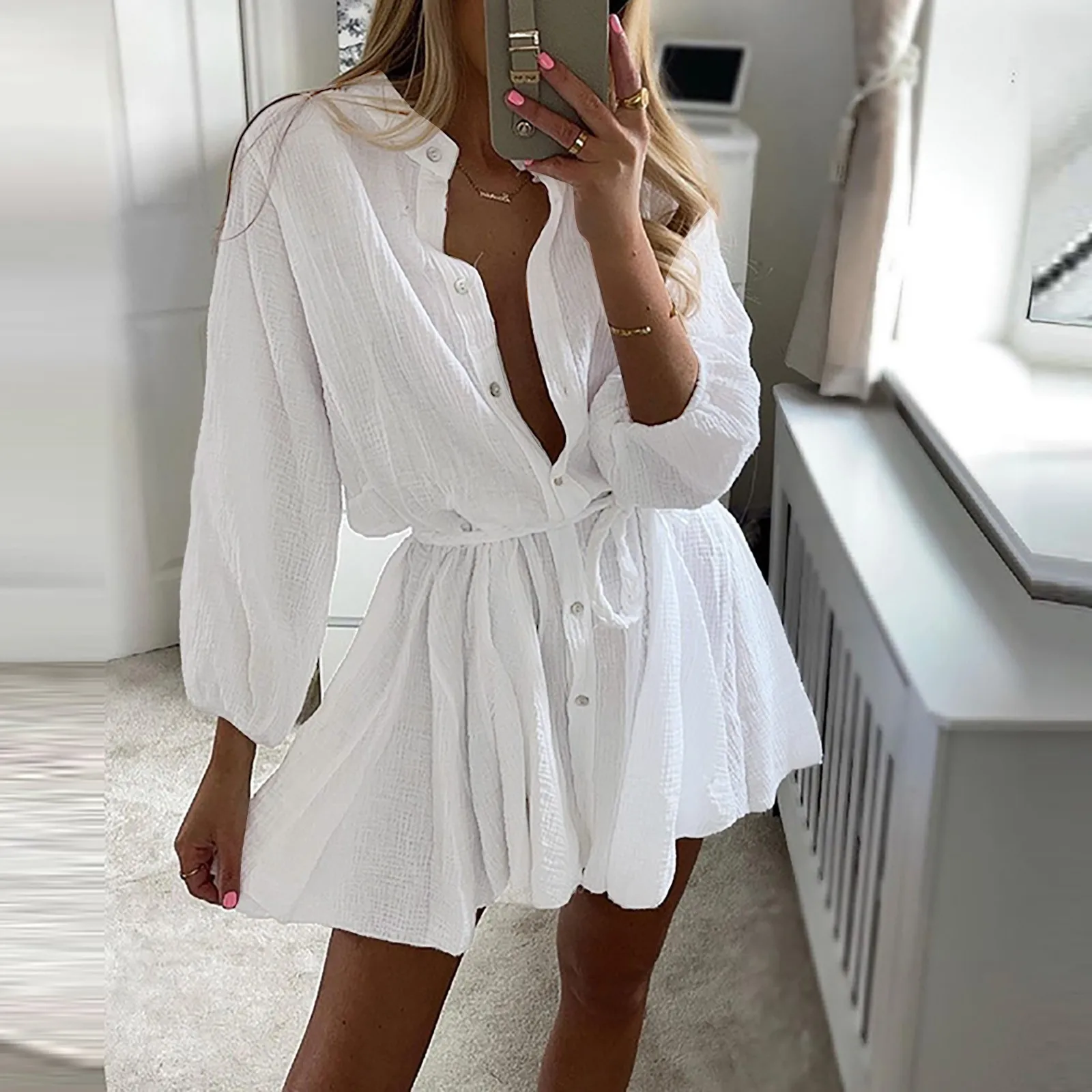 

Women'S Casual Dresses Ruffle Drawstring Tie Flared Long Sleeves Autumn Solid Swing Mini Dress Beach Shirts Dresses Outfits