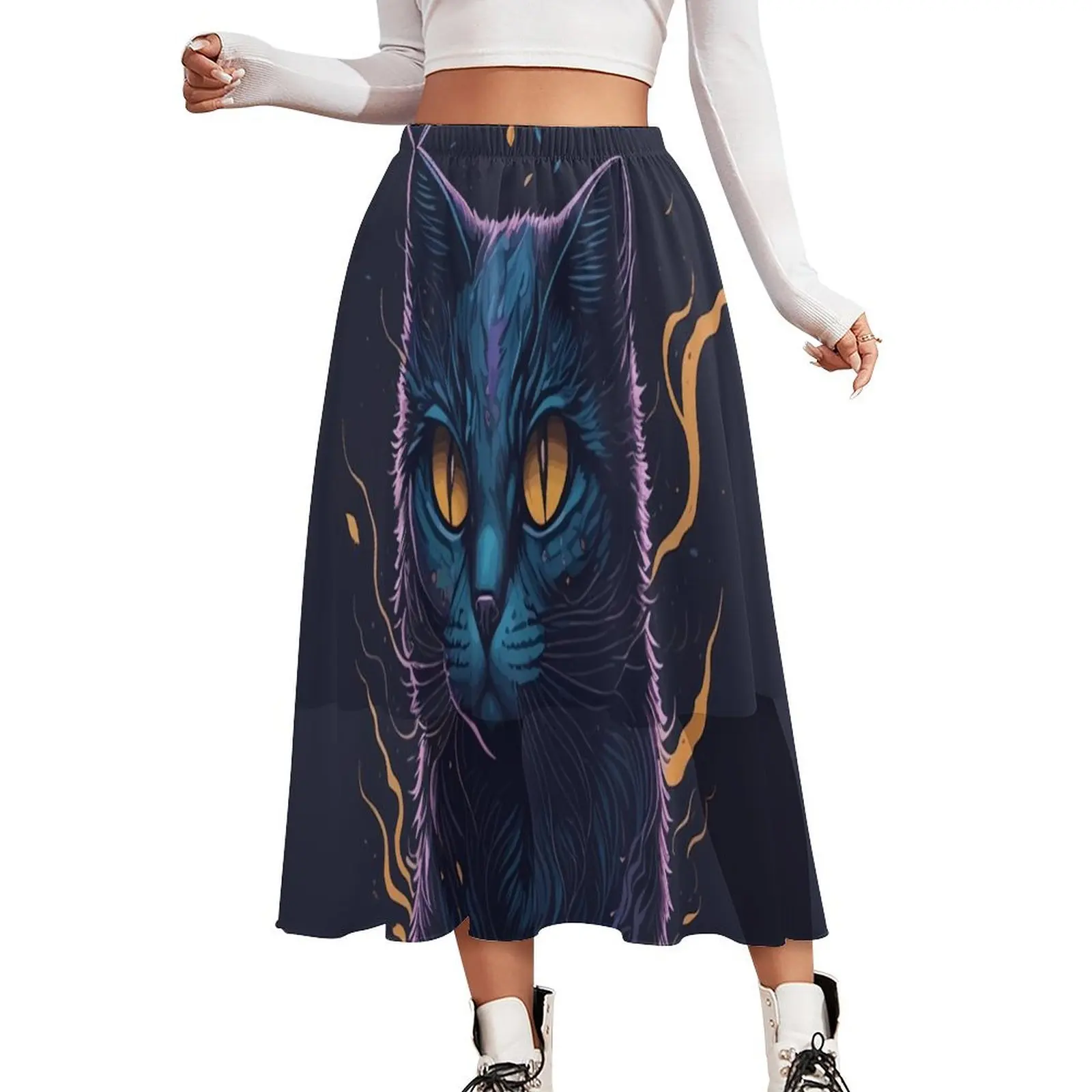 Magic Cat Skirt Black Animal Print Aesthetic Casual Skirts Cute Boho Skirt Female Graphic Oversized Clothes