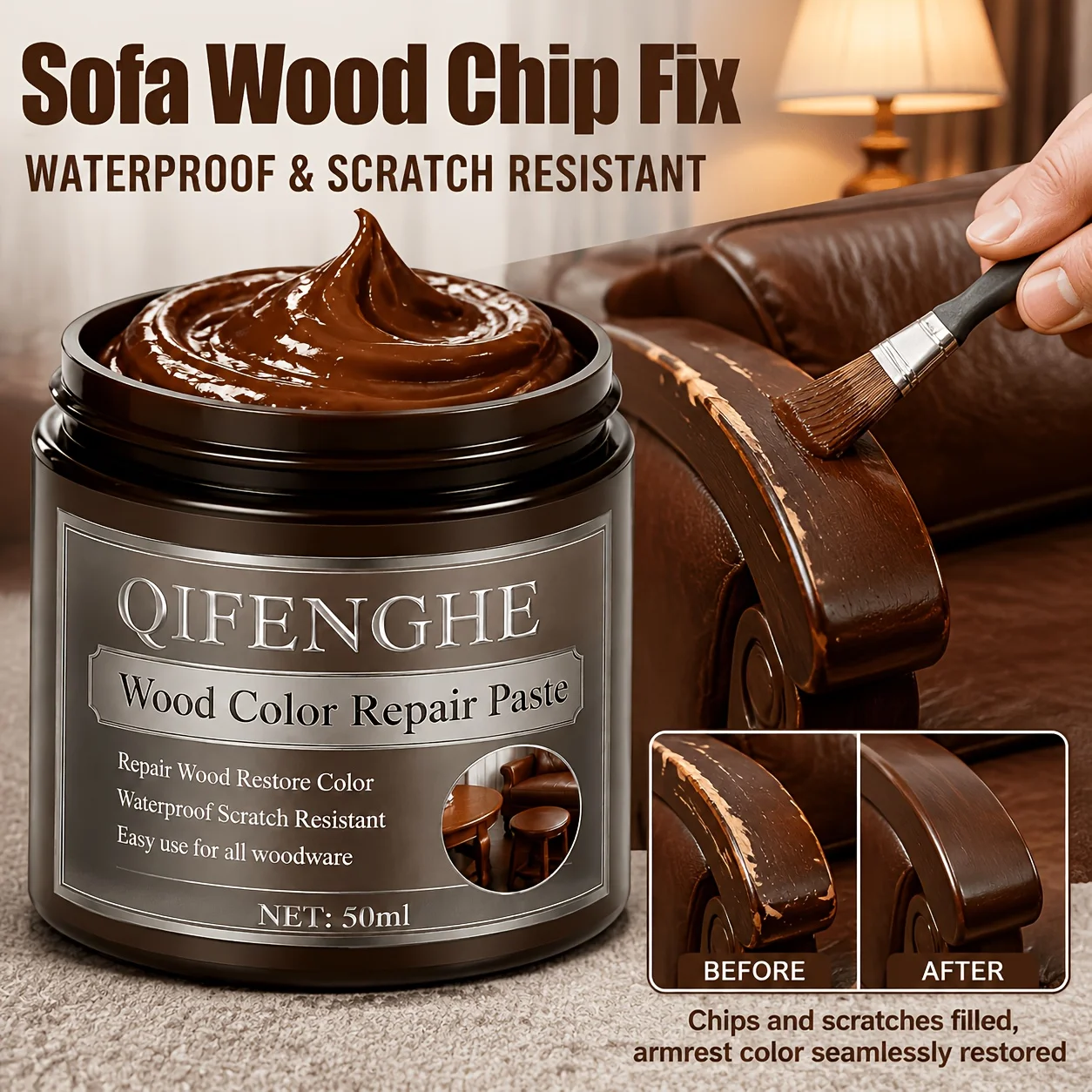 Wood Color Repair Paste Waterproof Scratch & Chip Filler with Seamless Color Restoration for Sofa Armrest, Wooden Table, Cabinet