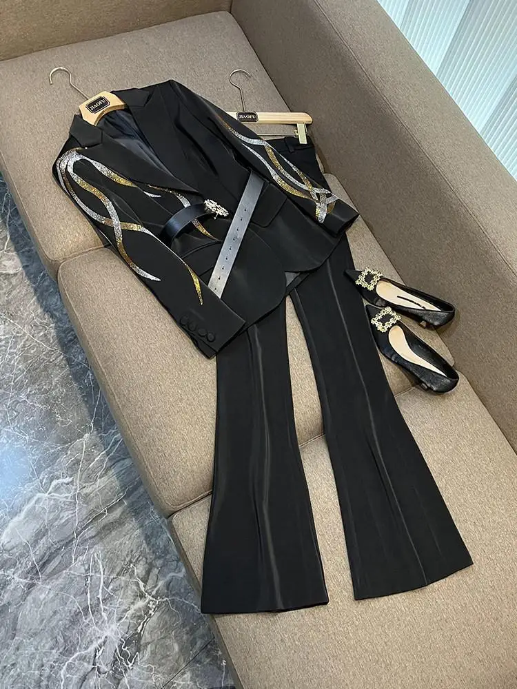 

Fashionable Two-Piece Suit with Belt And Sequins Flared Pants Women's Spring Cotton Blend European Style Versatile Outfit Set