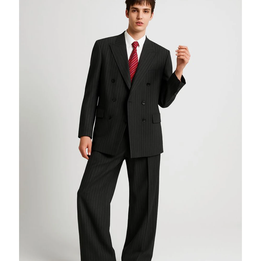 

Classic Pinstripe Black Double-Breasted Men's Suit 2 Piece Jacket Pant Sets Peak Lapel Slim Fit Office Widding Male Clothing