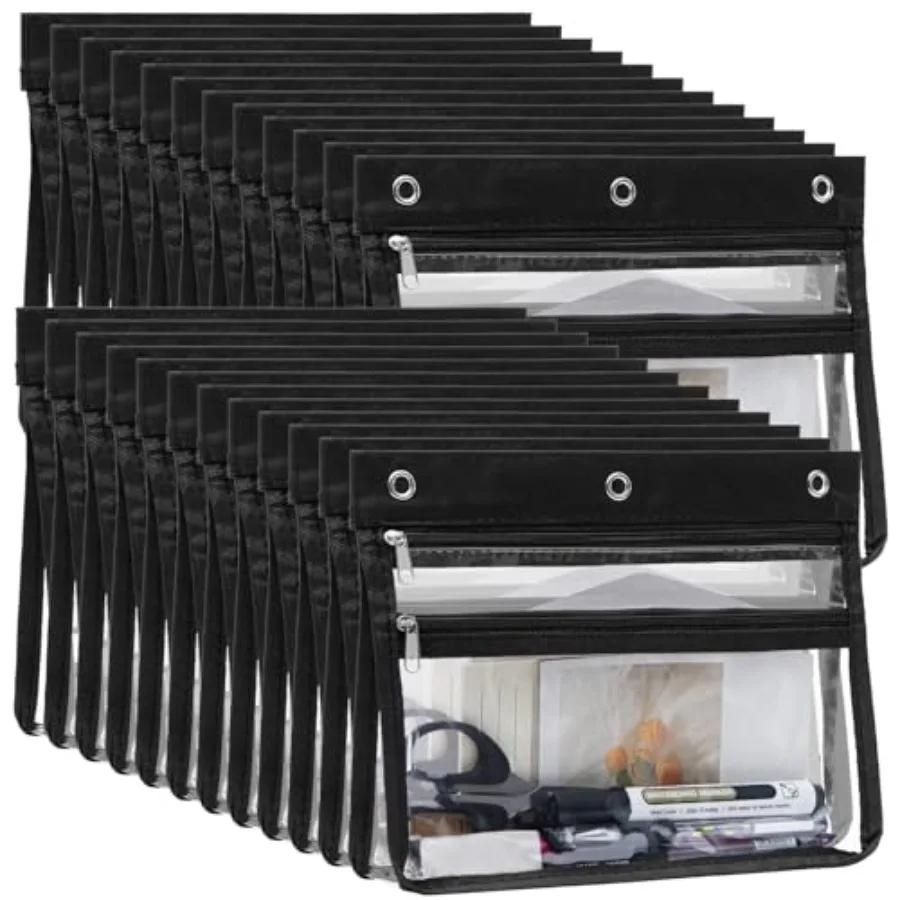 

24 Pack Zipper Pencil Pouches for 3 Ring Binder, 1.5 Inch Expandable with 2 Pockets and Clear Window for School and Office