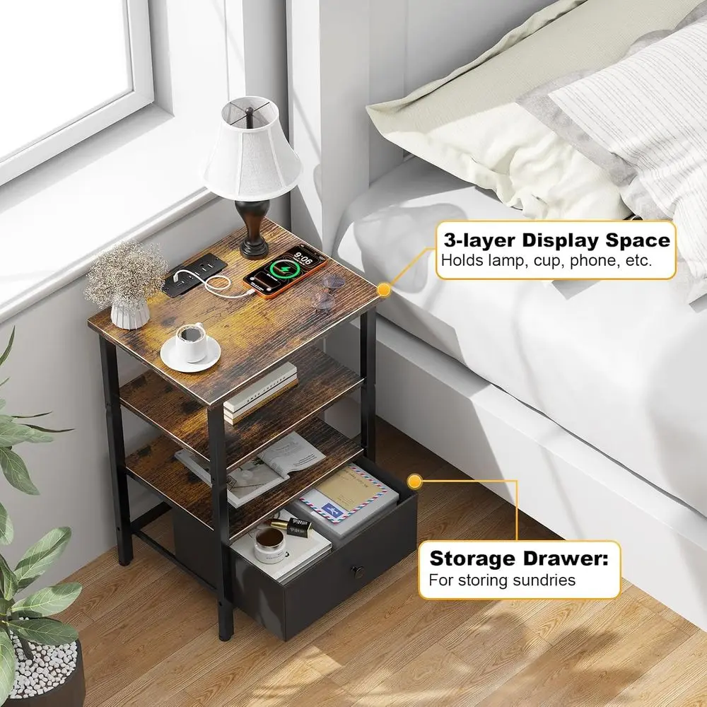 Charging Station Side Table, Adjustable Fabric Nightstand, Bedroom & Living Room Decor, Brown and Black