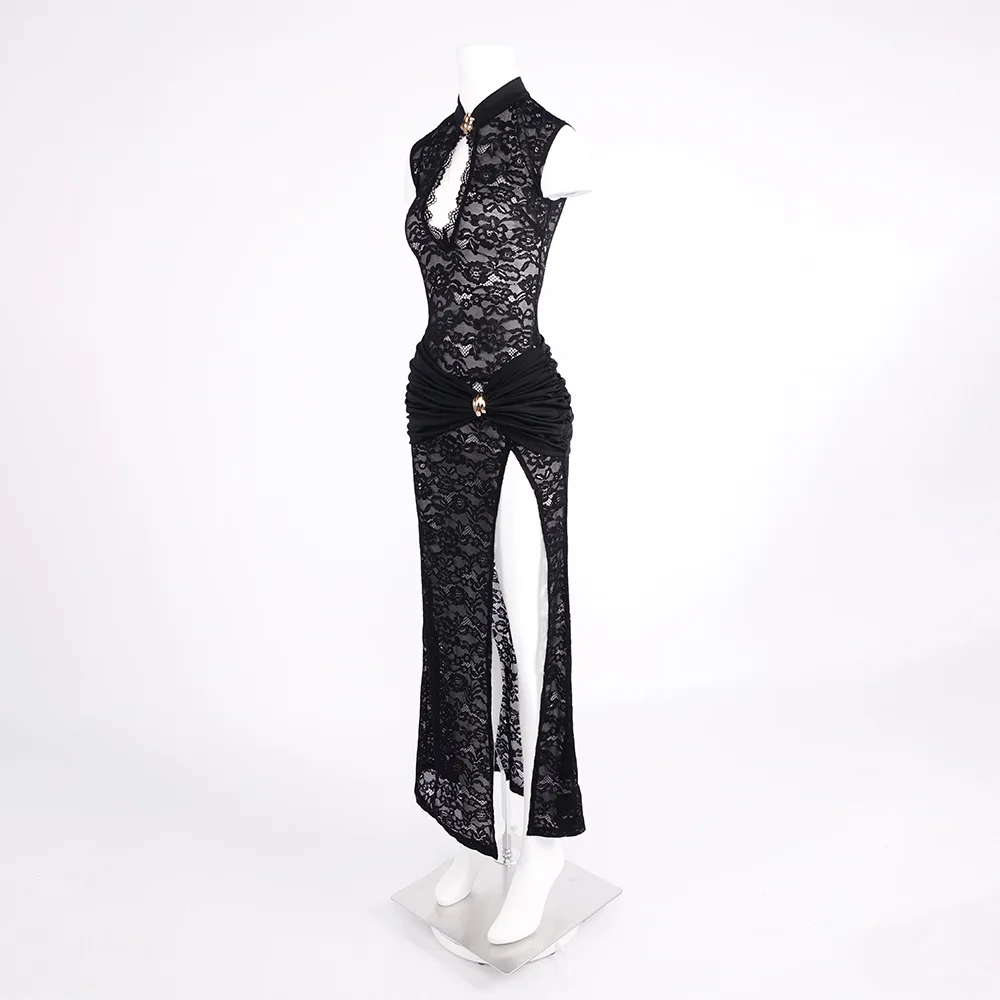Modieuze zwarte mouwloze lange jurk met ruches, sexy kanten mesh uitgesneden jurk met hoge split voor clubfeest, date, nacht, verjaardag