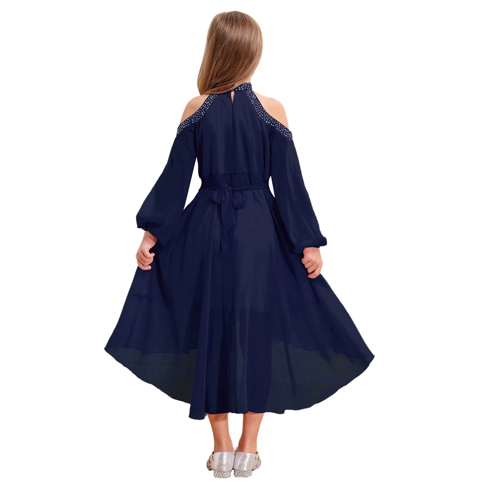 Girls Chiffon Party Dress Junior Cold Shoulder Princess Bridesmaids Flower Girl Dress Elegant Birthday Wedding Prom Ball Gown