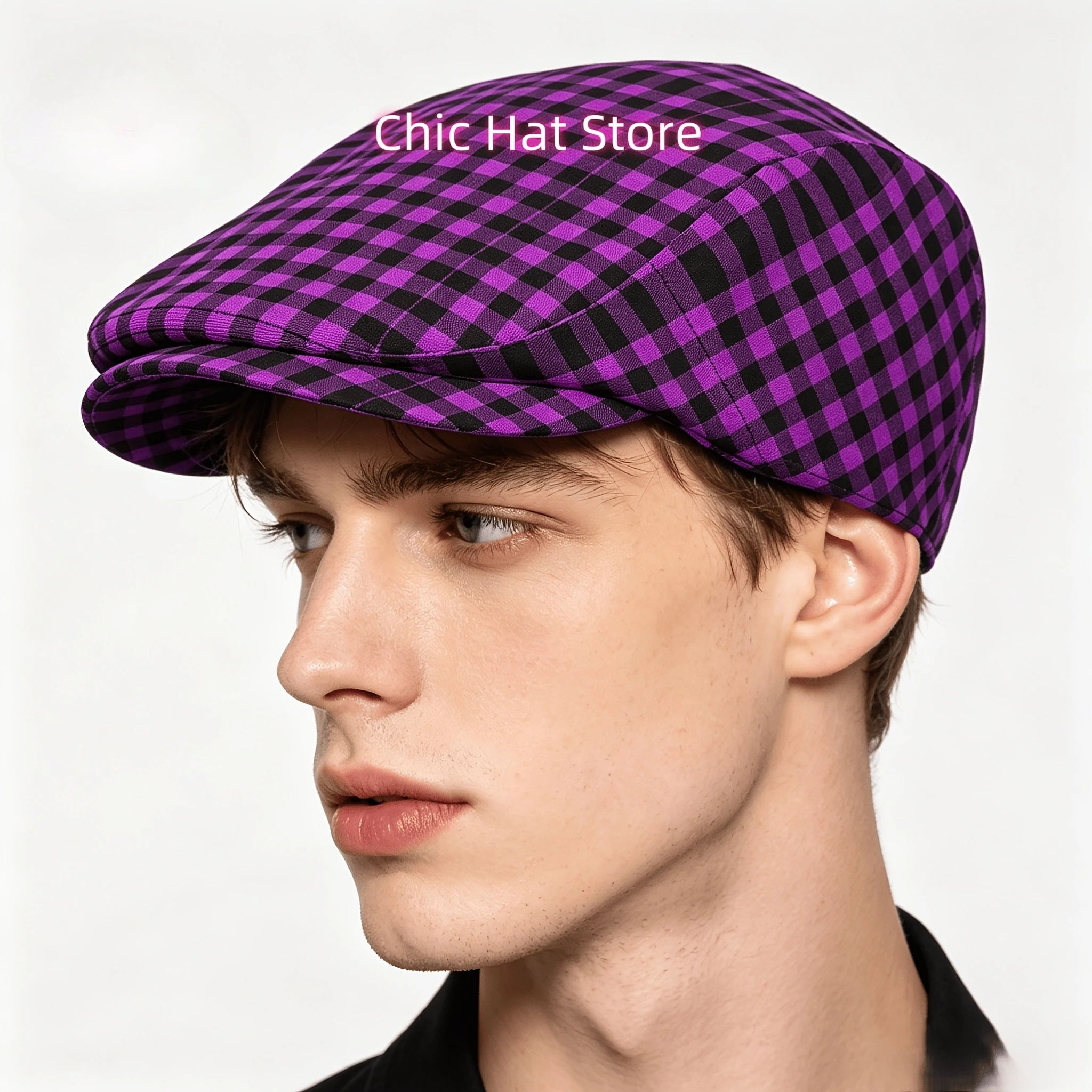 1pc Purple And Black Checkerboard All-Over Print Flat-Top Hat for Men And Women, Newsboy Caps, Berets, Irish Hats, Driver Caps,