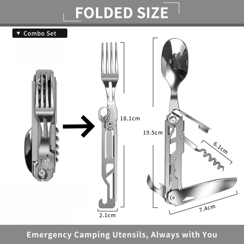 5 in 1 Camping Cutlery Multitool Portable Stainless Steel Spoon Fork Knife & Bottle Opener Combo Set Outdoor Detachable Tablewar