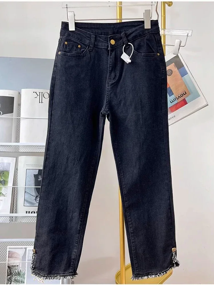 Split jeans female autumn 2024 new plus size loose fashion temperament high waist slim casual Joker straight pants.