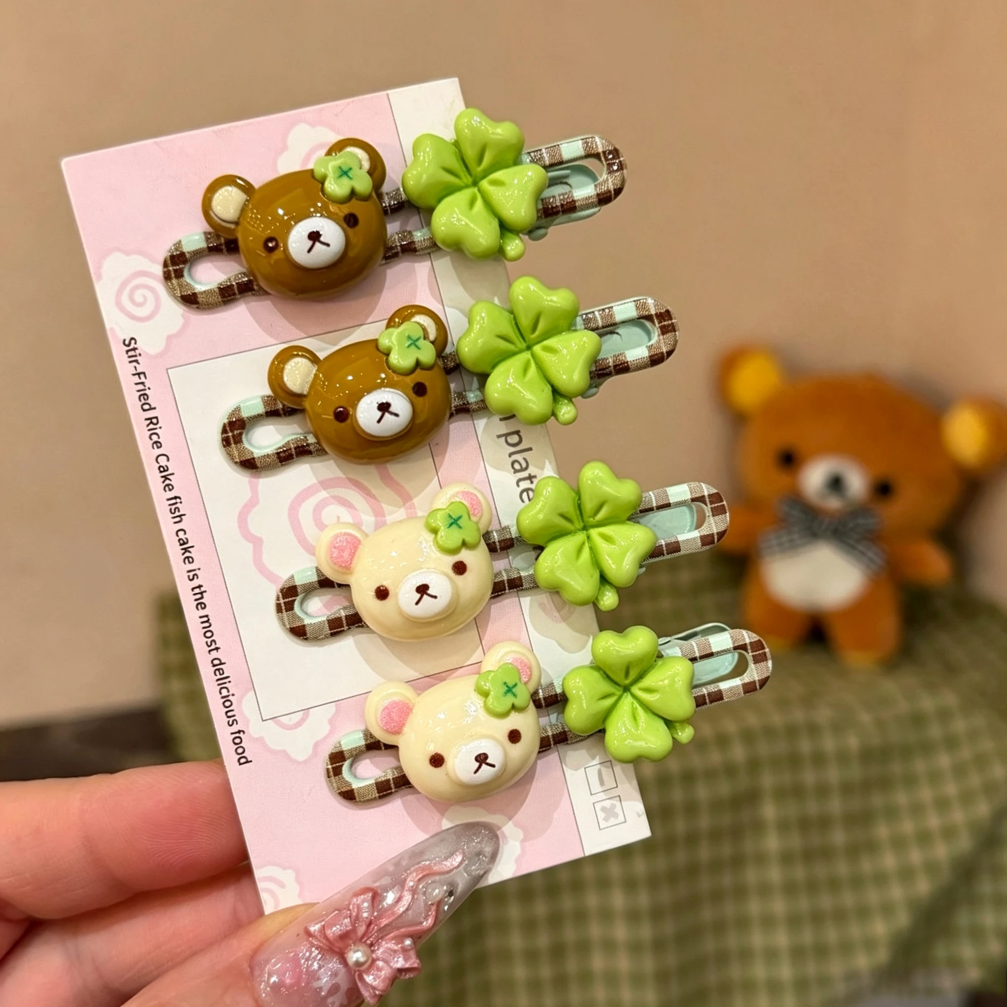 2PC/4PC Cute Fresh Blue Plaid Four-leaf Clover Japanese Cartoon Bear Hairpin Ins Girl Sweet Cartoon Bangs Side Hairpin Cute Gift