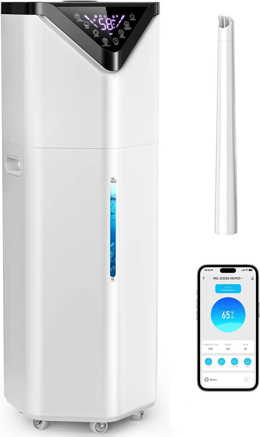 

5Gal Smart Humidifier Large Room up to 2800ft², 1000mL/h, APP & Remote Control, 180° Auto Rotating Nozzle, 24H Timer