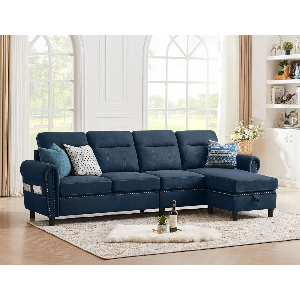 

Convertible Sectional Sofa, 4-Seat L Shaped Couch with Storage Chaise and Pocket, Modern Linen Couches