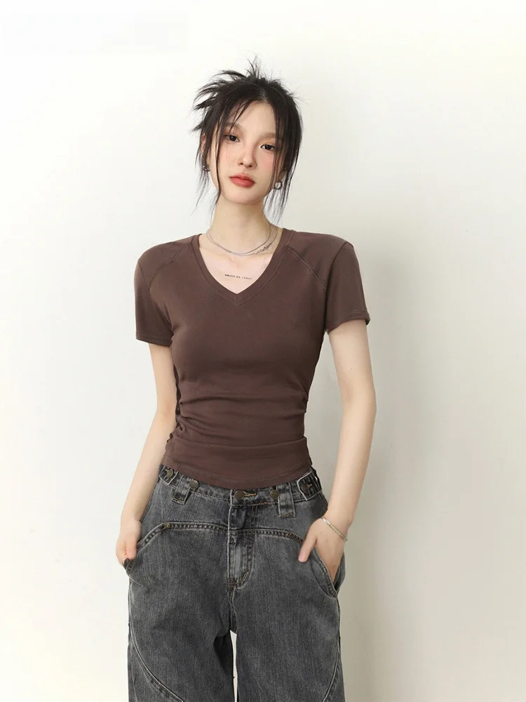 Slim Fit V-Neck Short Sleeve T-Shirt Women's Spring Summer Pure Color Pleated Inner Wear Short Base Shirt Waist-Cinching