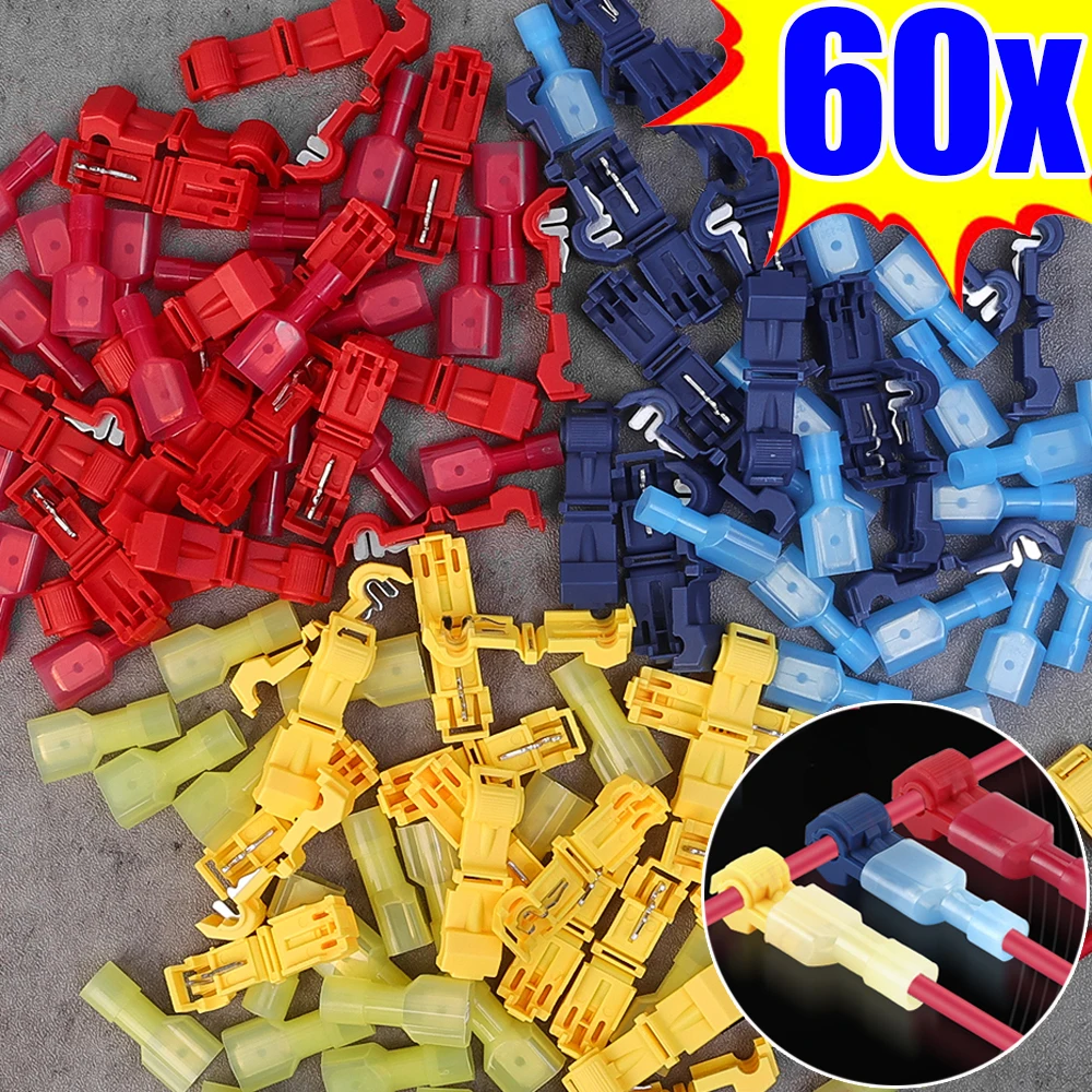 60/20Set T-shaped Crimp Terminal Electrical Connector Non-destructive Line Cable Connection Clamps Quick-Free Stripping Plugs