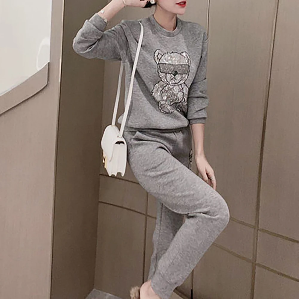여성용 기모 안감 스웨트 셔츠 세트 스포츠 팬츠 곰 패턴 202 겨울 신상 플러스 사이즈 패션 세트