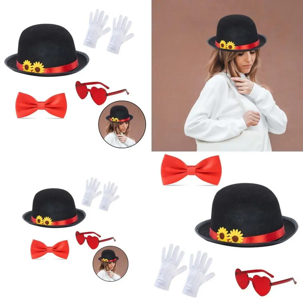 

39BD Halloween Magicians Hat Heart Sunglasses Gloves Set for Stage Performances Masquerades Costume Festival Photo Wear