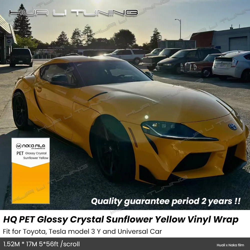 

For Toyota,Tesla etc. PET Glossy Crystal Sunflower Yellow Vinyl Wrap LowTack 1.52*17M/Roll 5x56ft Air Bubble Free HQ Auto Film