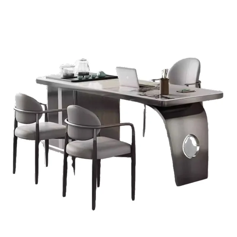 

Italian light luxury rock slab tea table and chair combination stainless steel modern simple kung fu tea table desk integrated