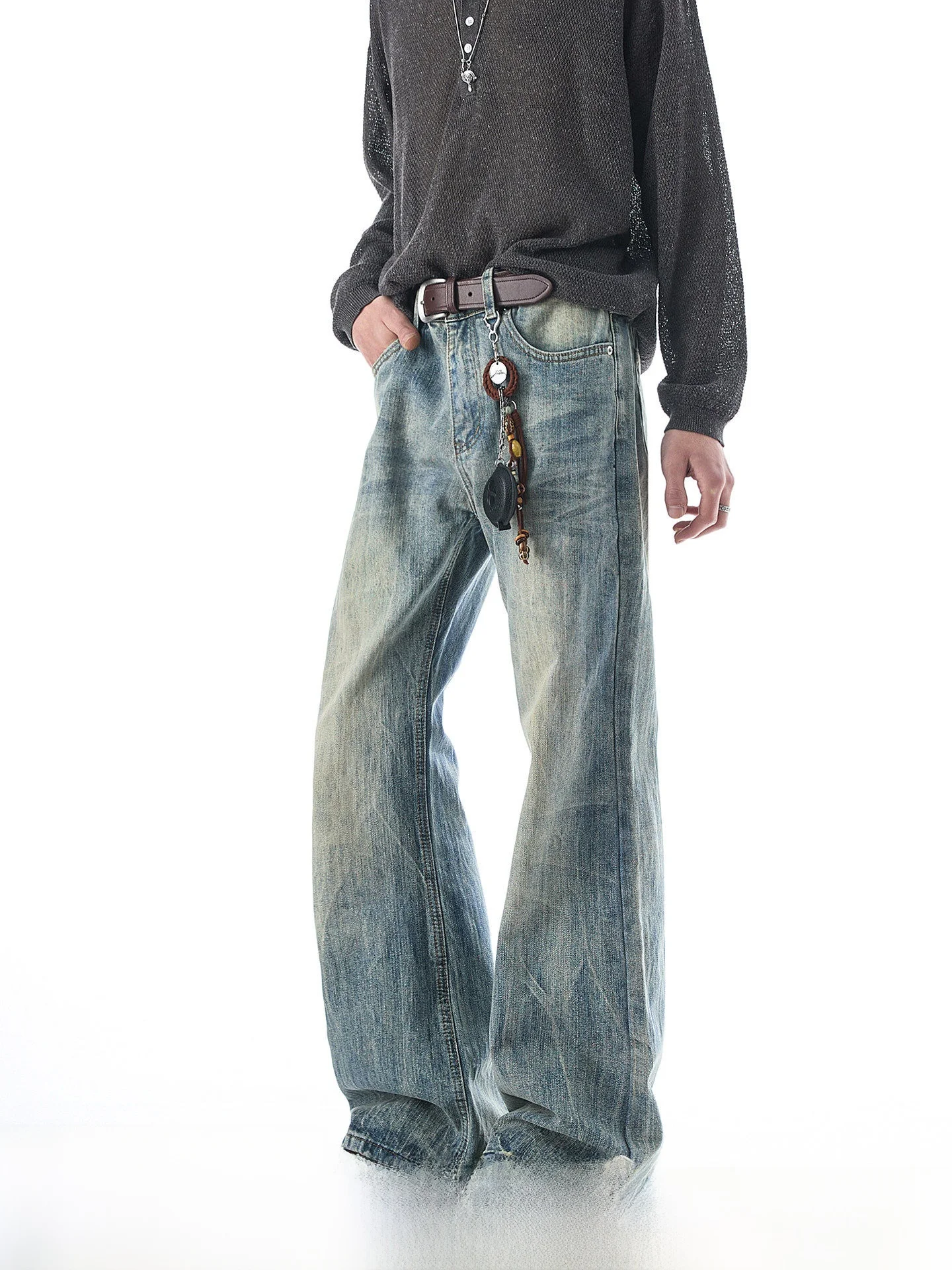 

American High Street Style Men's Jeans Vintage Washed Flared Straight Leg Cotton Denim Spring Season Clean Fit Trousers