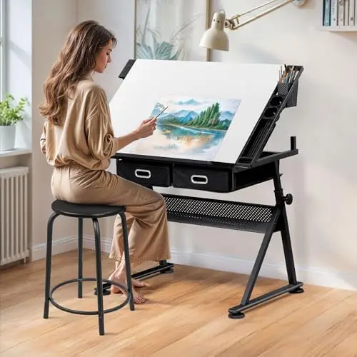 Drafting Table Drawing Desk w/Power Outlet, Art&Craft Work Station Height Adjustable Tilting Tabletop Craft Table Desk view 2