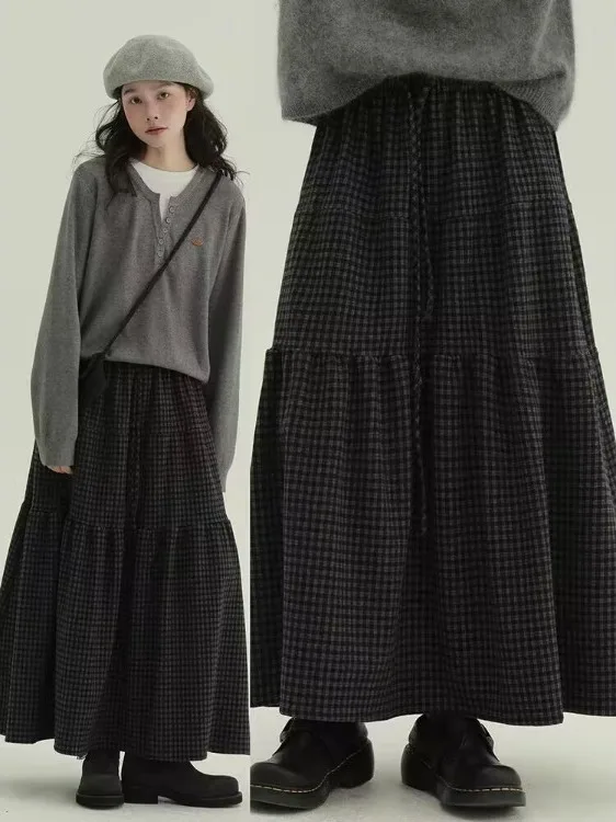 Retro retalhos xadrez a linha midi saia cintura elástica emagrecimento versátil tamanho grande roupas femininas casuais saias longas
