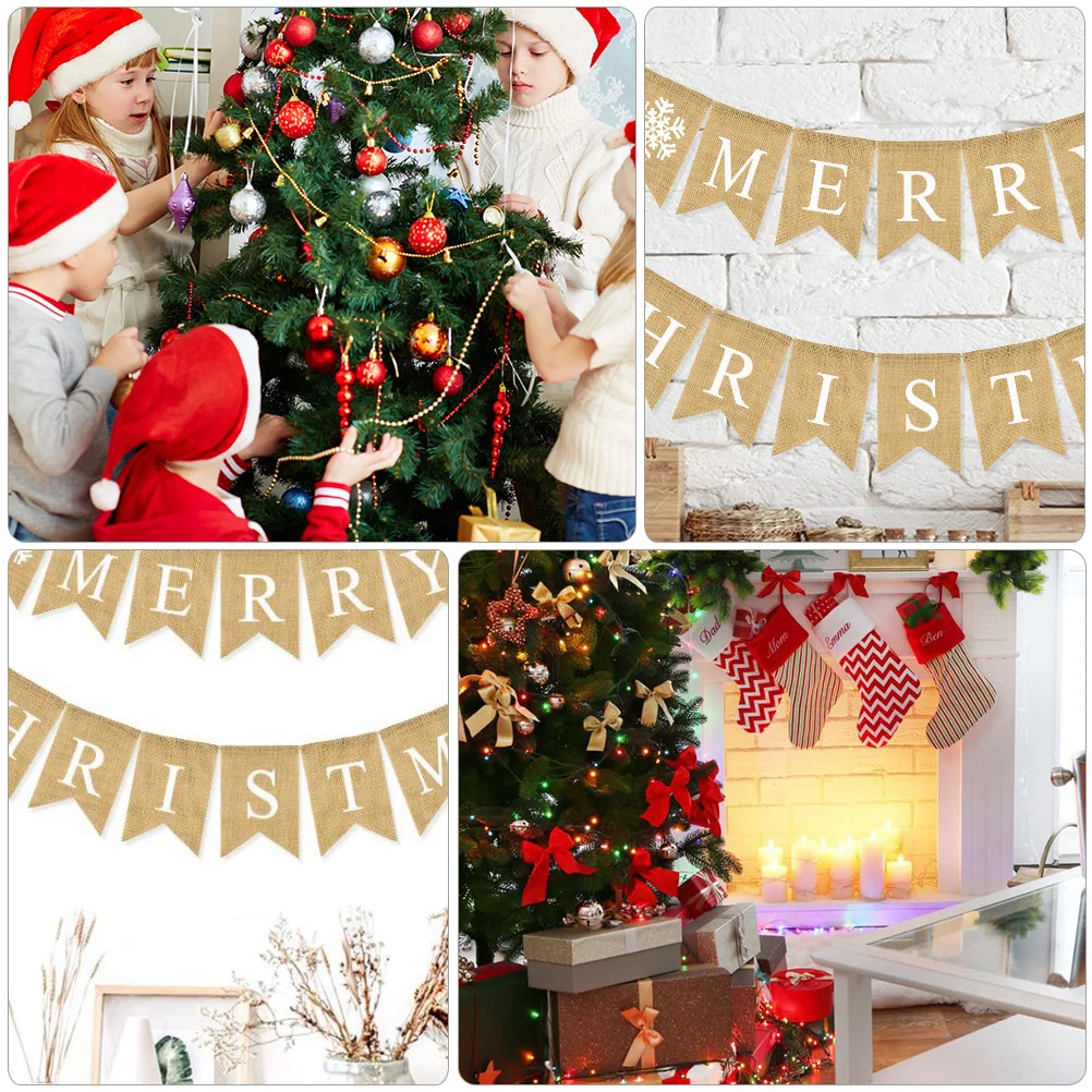 

1 pc Hanging Ornament Linen Christmas Xmas Party Hanging Banner Bright Decorations Photo Props Xmas Banner
