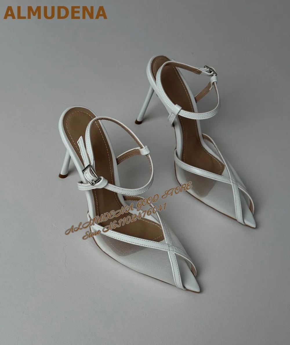 ALMUDENA White Air Mesh High Heel Sandals Pointed Toe Network Dress Shoes Buckle Strap Stiletto Dress Pumps ALMUDENA White Air Mesh High Heel Sandals Pointed Toe Network Dress Shoes Buckle Strap Stiletto Dress Pumps