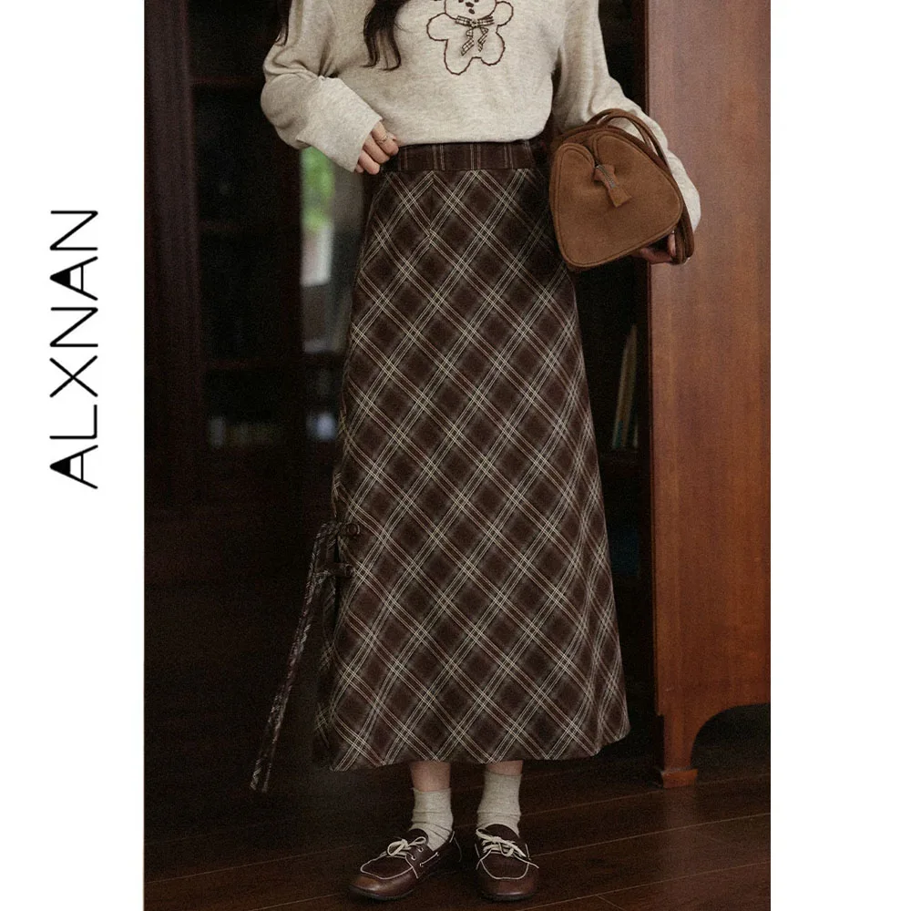 ALXNAN Brown Plaid Skirt Women Vintage Elegant Chic Buttoned Slit Long Skirts 2026 Autumn Fashion Casual Female Clothing L57033