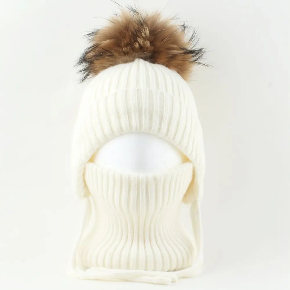 Childrens Winter Knit Hat And Scarf Set Real Pompom Warm Thickened Plush Lined Soft Comfortable Outdoor Cap For DANCHAOFAN