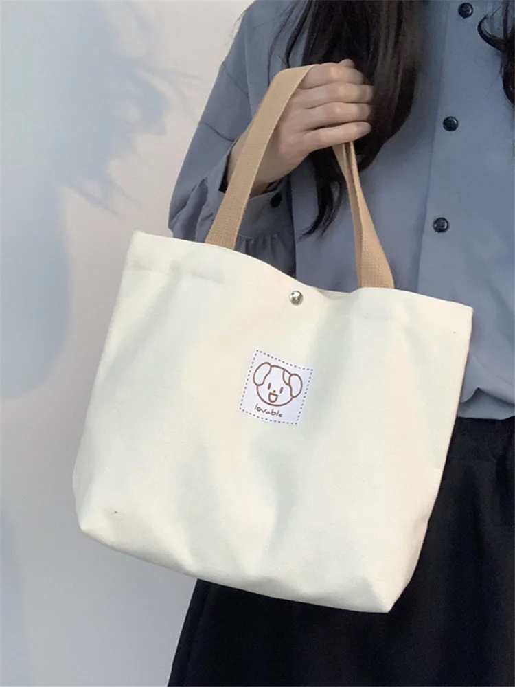 Magnetic Buckle Canvas Tote Bag, Cute Cartoon Tutoring Lunch Bag, School Book Stationery Bag, Small Handbag for Women Daily Use