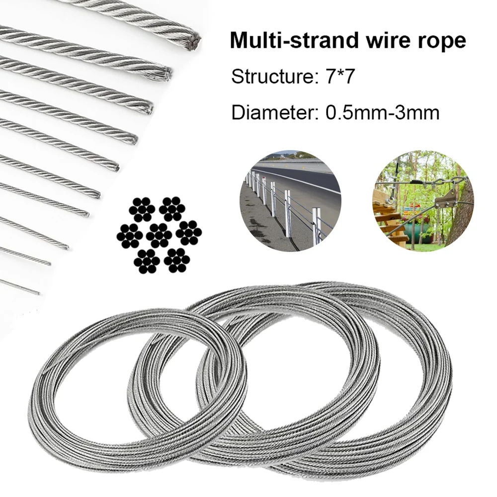 5m/10m 7x7 Stainlesss Steel Wire Rope 0.5-3mm Plastic Coated for Fishing Lifting Pulling Drying Rack Cable Rustproof Heavy Duty