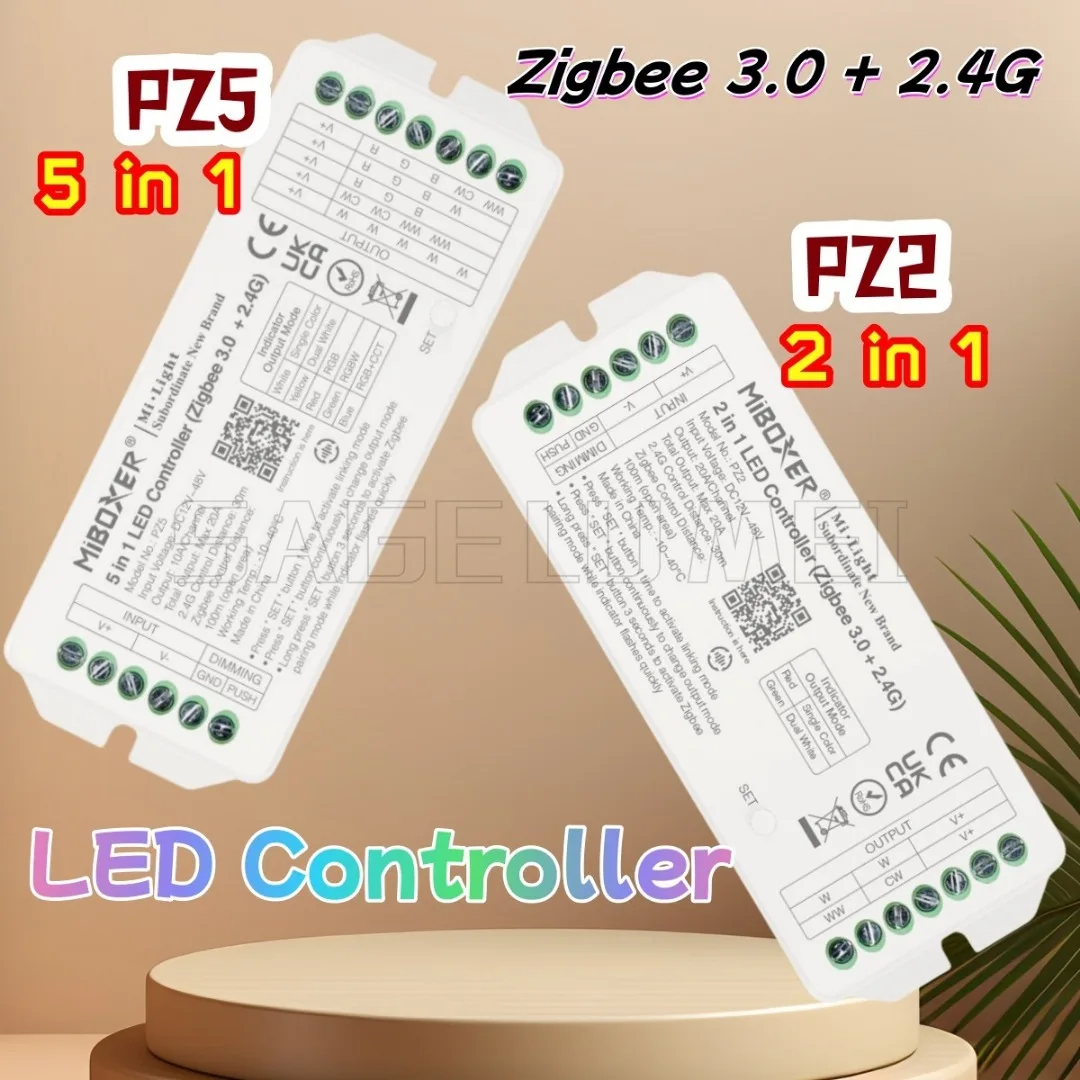 2IN1-PZ2/ 5IN1-PZ5 Miboxer DC12~48V Max 20A Zigbee3.0+2.4G RF LED Controller For Single/Dual Color /RGB/RGBW/RGB+CCT Led Strip