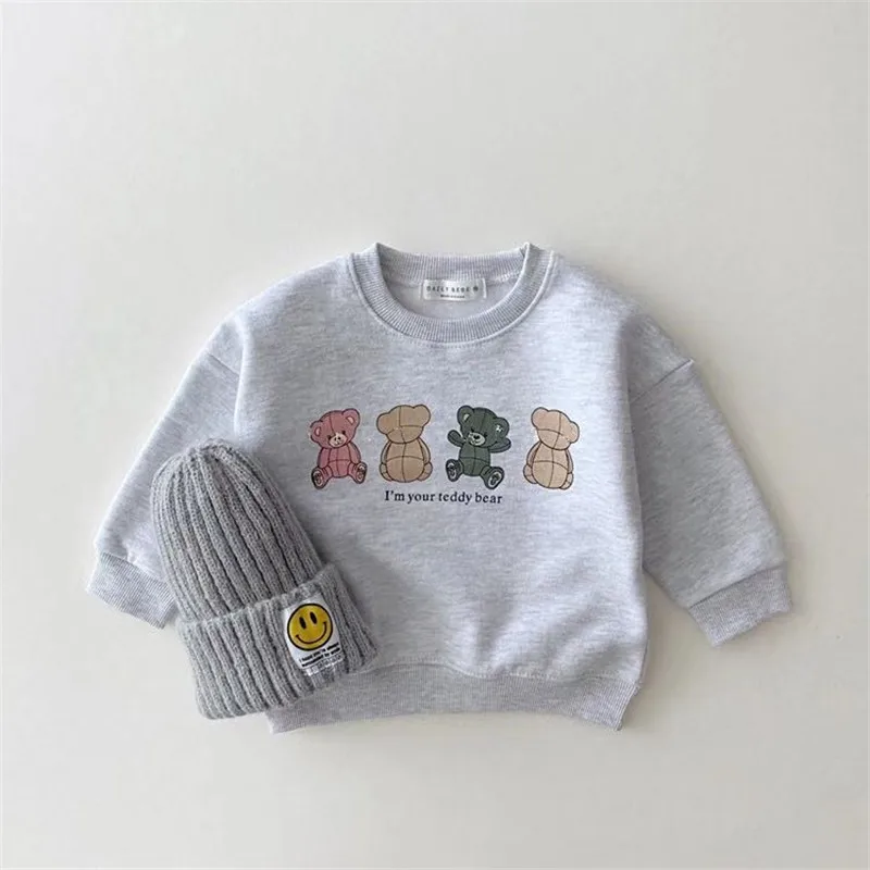 2024 New Baby Hoodies Cute Bear Print Infant Boys Cartoon Tops Autumn Kids Long Sleeve Sweatshirt Cotton Girls Clothes