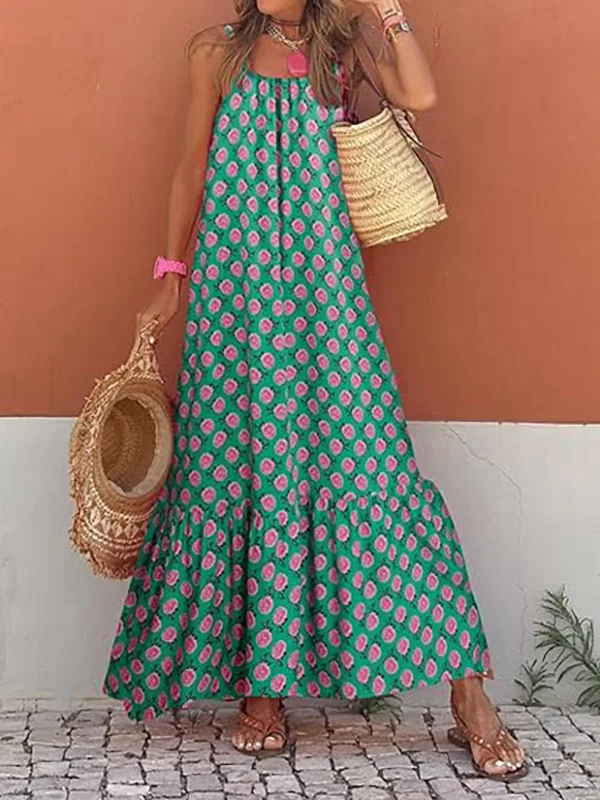 جديد إمرأة بوهو فستان بلا أكمام طباعة الصيف فضفاض السباغيتي حزام فستان الحفلات لكوكتيل الشاطئ الشارع الشهير الشاطئ رائجة البيع