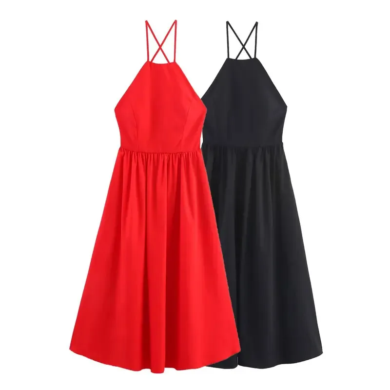 

Women's Sleeveless Back Cross Lace Design Long Dress Sexy Backless Midi Casual Holiday Gown for Women