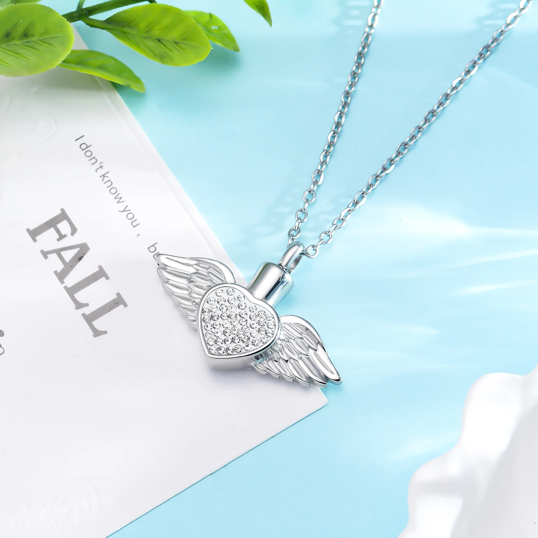 Stainless Steel Rhinestone Heart&Angel Wing Memorial Urn Necklace Pendant Women Keepsake jewelry for ashes cremation