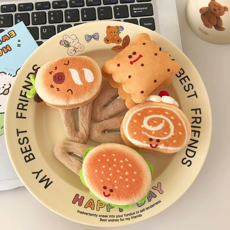 2Pcs Cute Cartoon Hamburger Bread Hair Clip For Women Girls Sweet Versatile Kawaii Bangs Hair Clip Fashion Funny Side Clip Gifts