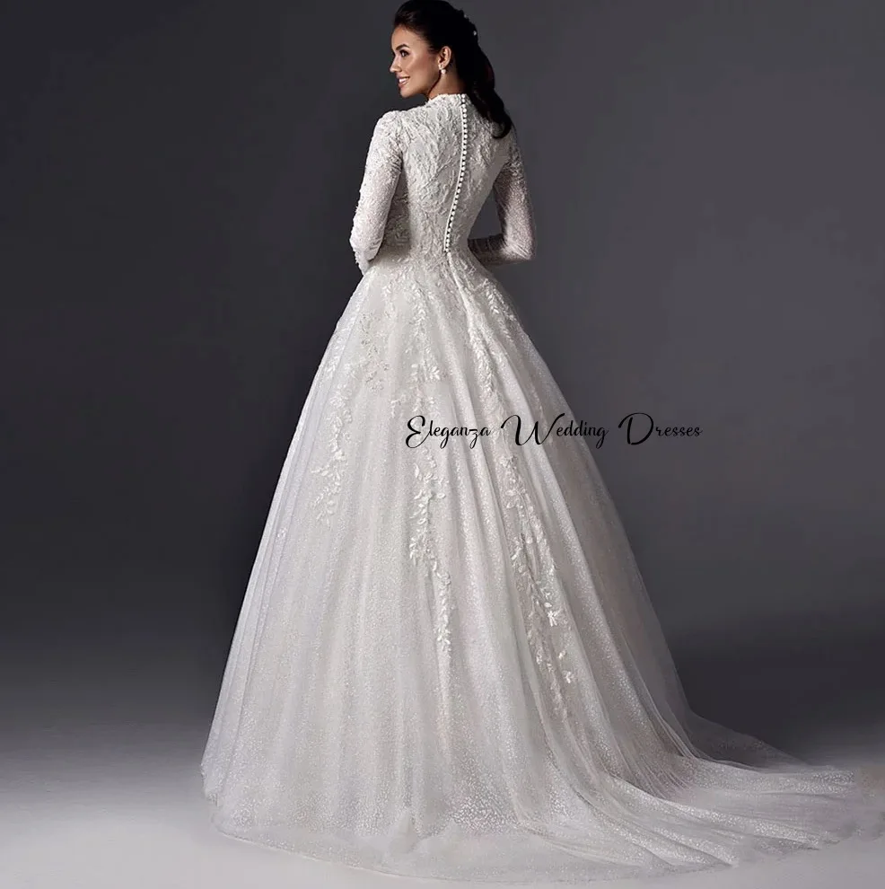 Customized Muslim High Collar A-line Wedding Dress Wrinkle Long Sleeve Lace Applique Bridal Dress Vintage Vestidos De Novia 2025