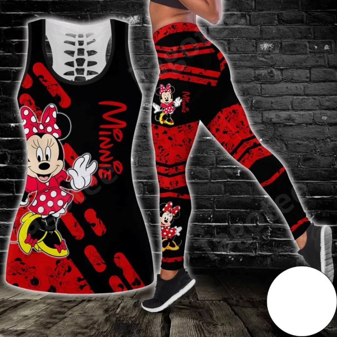 Disney Minnie Mouse Women's Hollow Tanktop Leggings Yoga Set Summer Fitness Tracksuit Cutout Tank Top Leggings Set