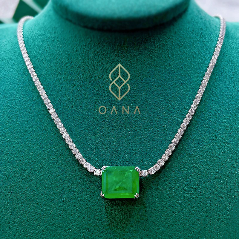 

OANA 925 Sterling Silver Emerald Ladies Necklace Clavicle Chain Square Single Row Full Diamond Luxury Fashion Jewelry