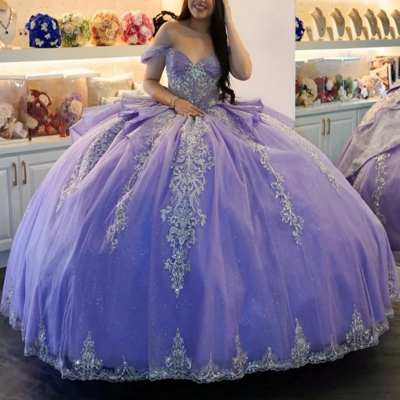 

Лавандовые блестящие платья Quinceanera с открытыми плечами, аппликация, кружевной бант, расшитый бисером, тюлевой корсет, вечерние, день рождения, сладкое платье 16.