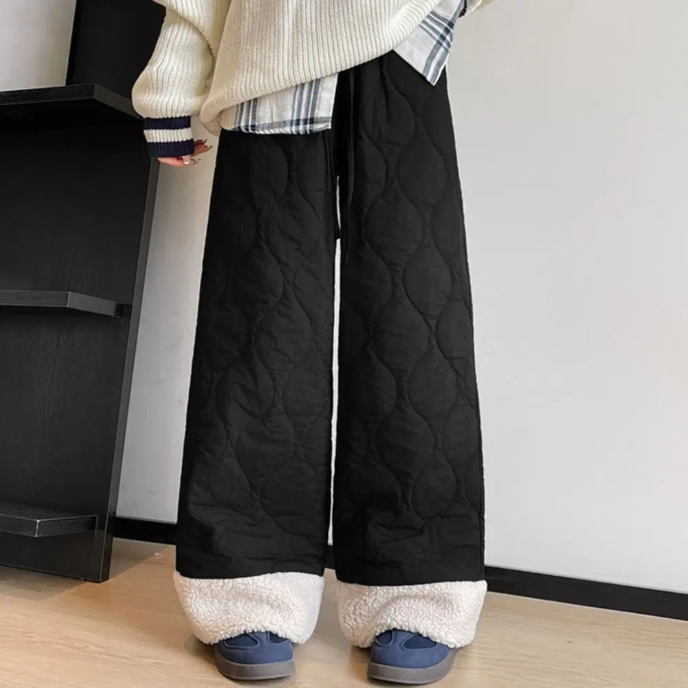 Solid Wide Leg Thick Flannel Pants Simple Causal Basic Snow Pants Warm High Waist Baggy Straight Trousers Women